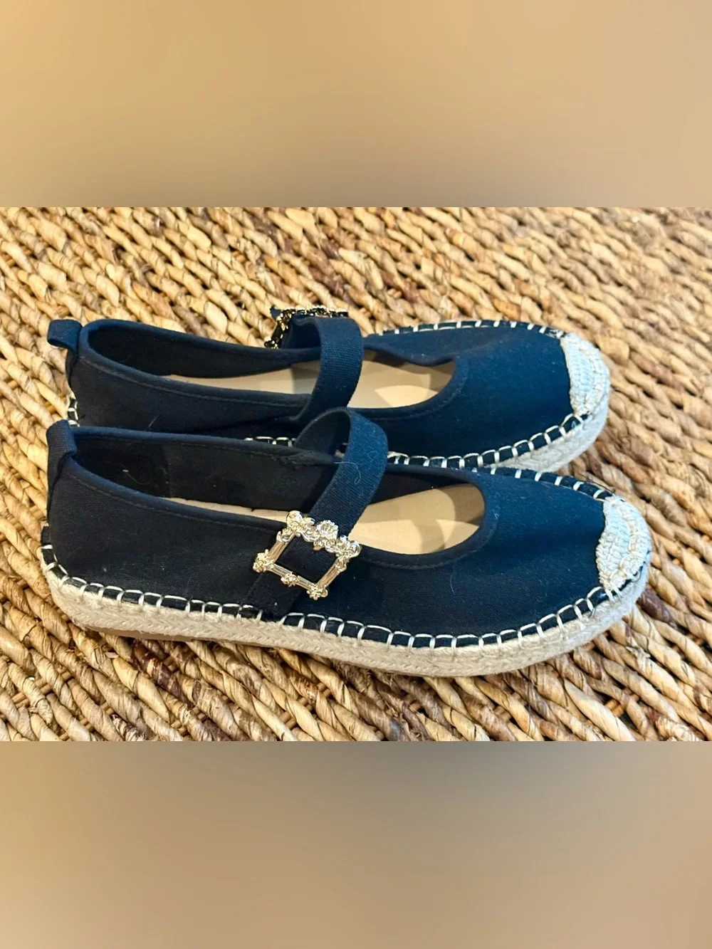 Soda Black Espadrille Mary Jane Flats with Jute Toe
